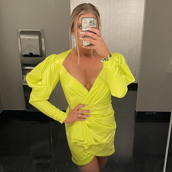 House of CB Marionella Lime Green Yellow Long Sleeve Drape Mini Dress - Picture 12 of 12